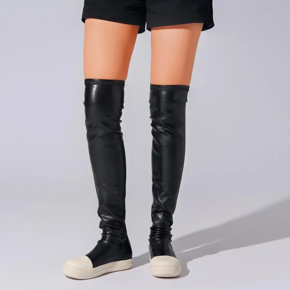 Women Black Polyurethane (PU) Flat Over The Knee Round Toe Thigh High Boots